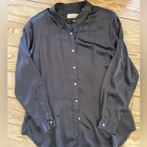 Lord & Taylor Navy Silk Button-Down Blouse